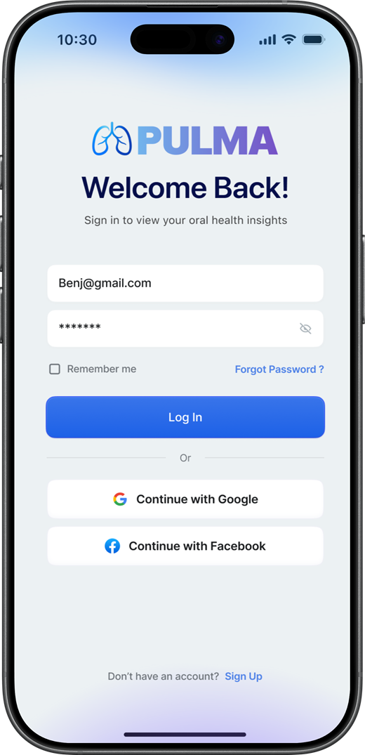 Pulma app log in screen