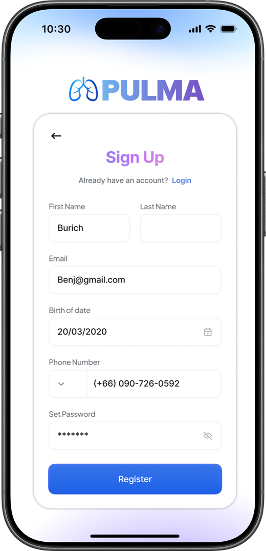 Pulma app sign up screen